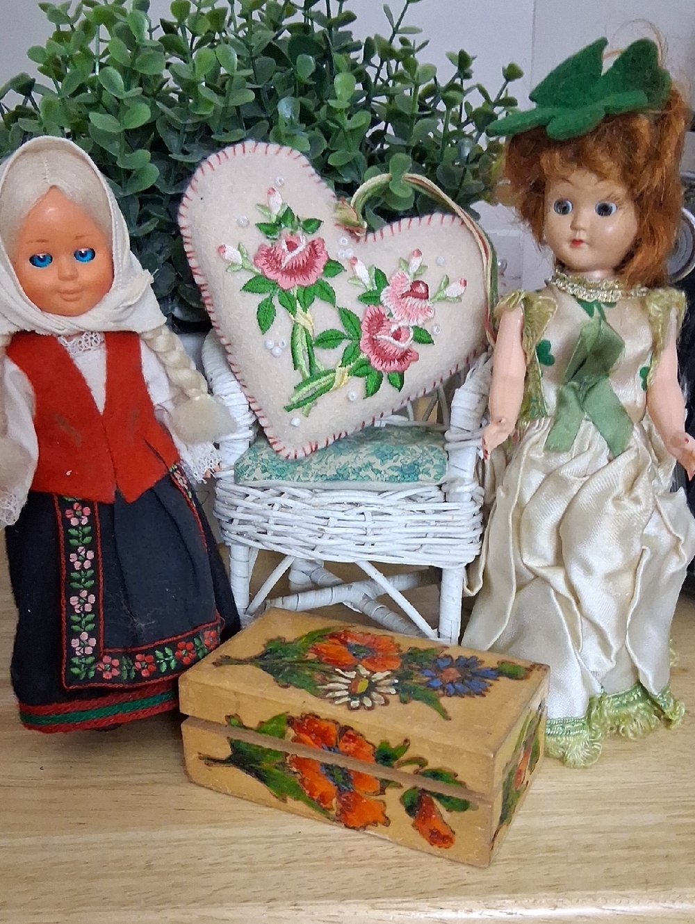Vintage Lot, Dolls, Wicker Doll Chair, Felt Heart, Painted Box